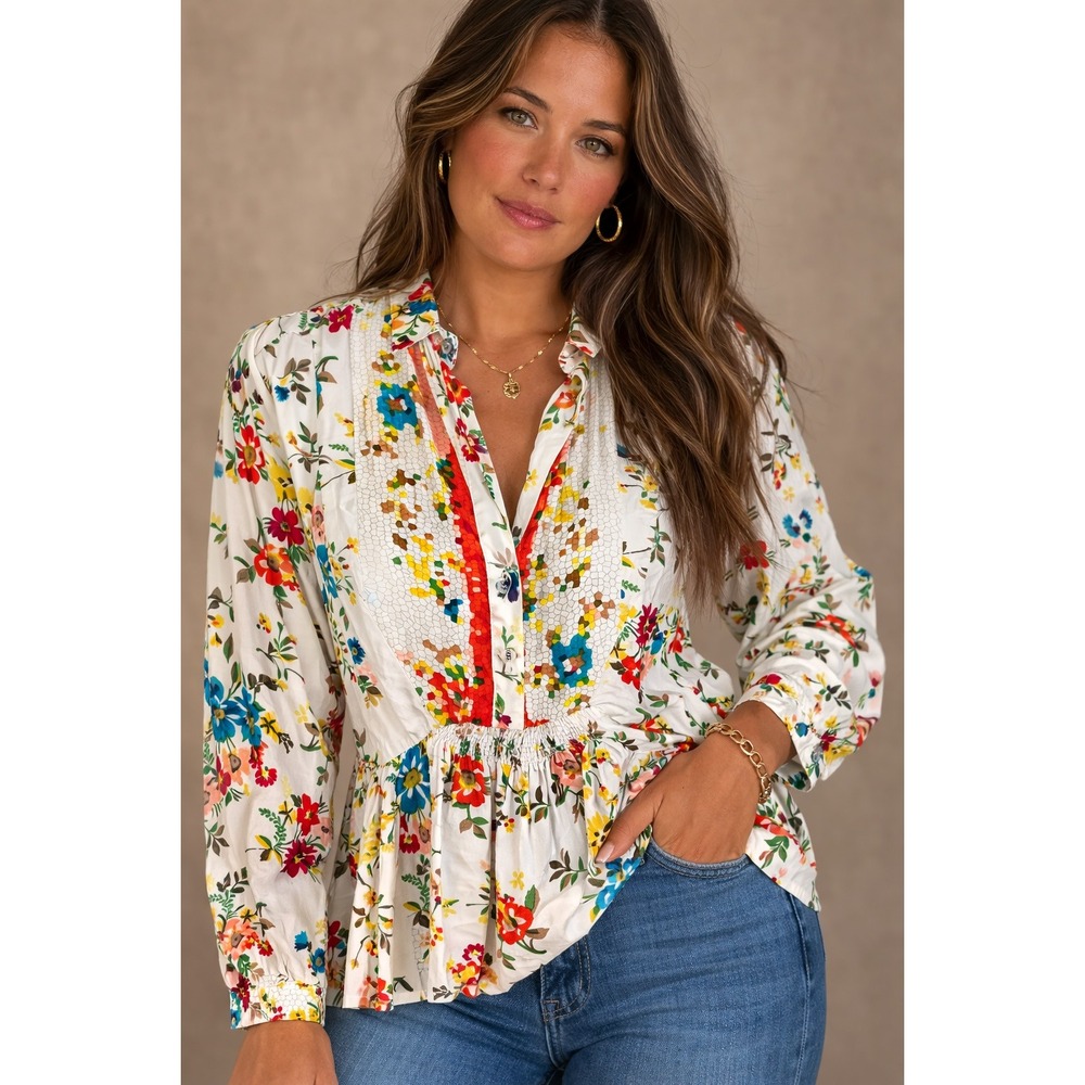 Johnny Was Silk Floral Pintuck Peasant Blouse Size S Boho‎ Embroidered Top